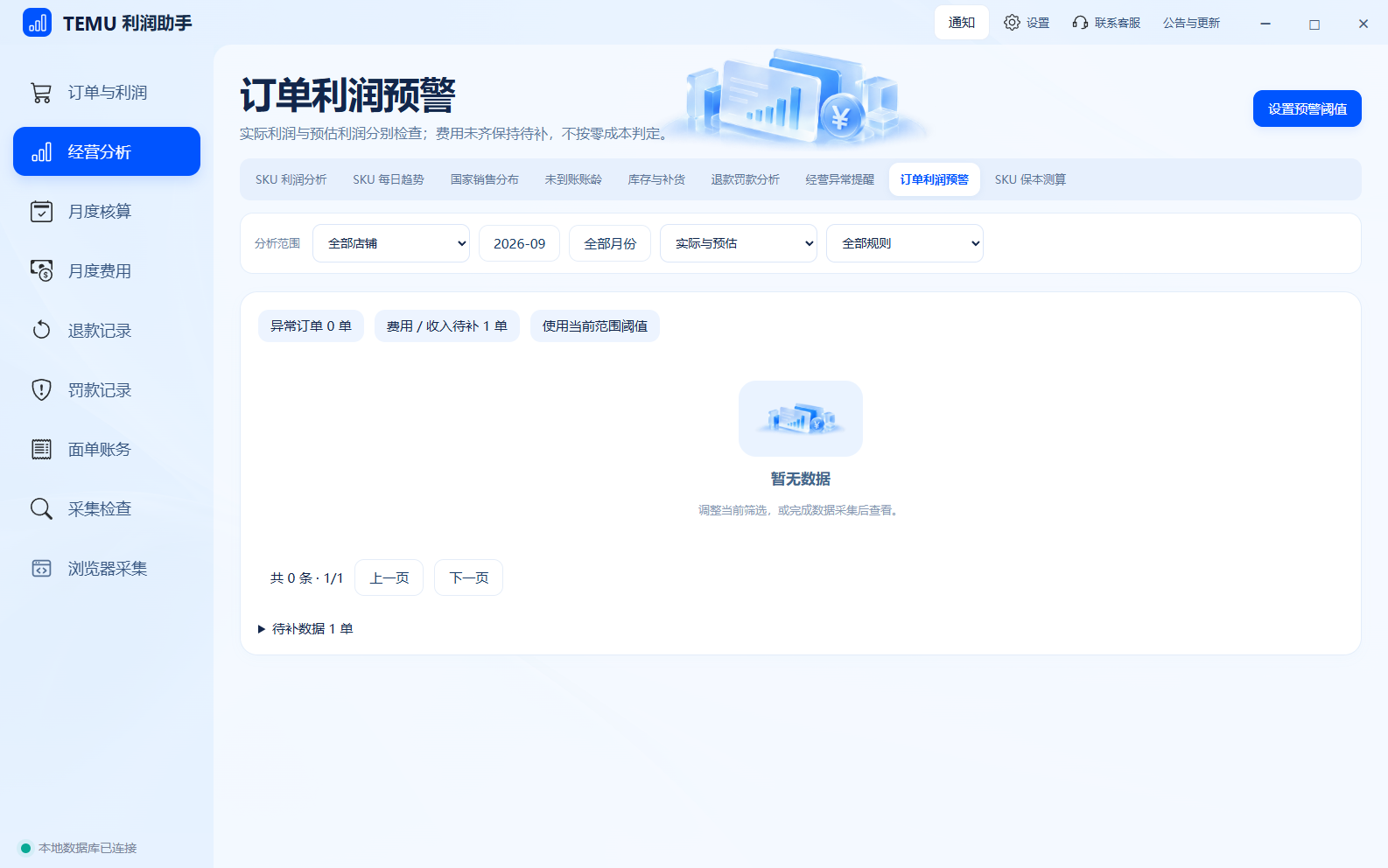 预警列表说明触发原因与阈值；费用未齐的订单需要先补全。